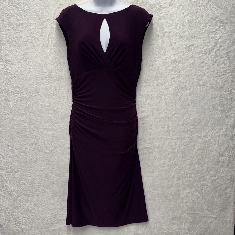 Ralph Lauren Slinky Stretch Keyhole Surplice Dress Size 10 Plum Purple Ruching